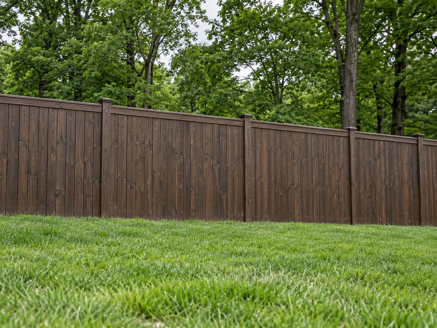 A six-foot dark-stained cedar privacy fence along the back edge of a level residential lawn with mature maple trees in western Connecticut.