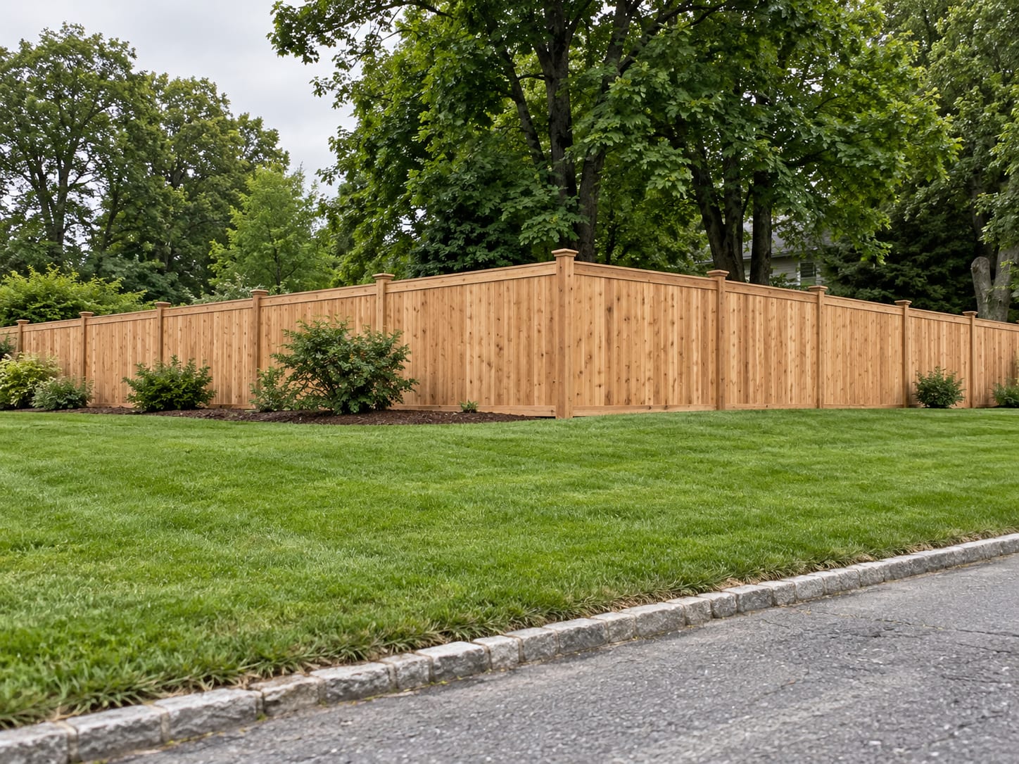 A cedar board fence set back from a street corner on a residential lot, with an open sight line to the intersection and mature trees behind it.
