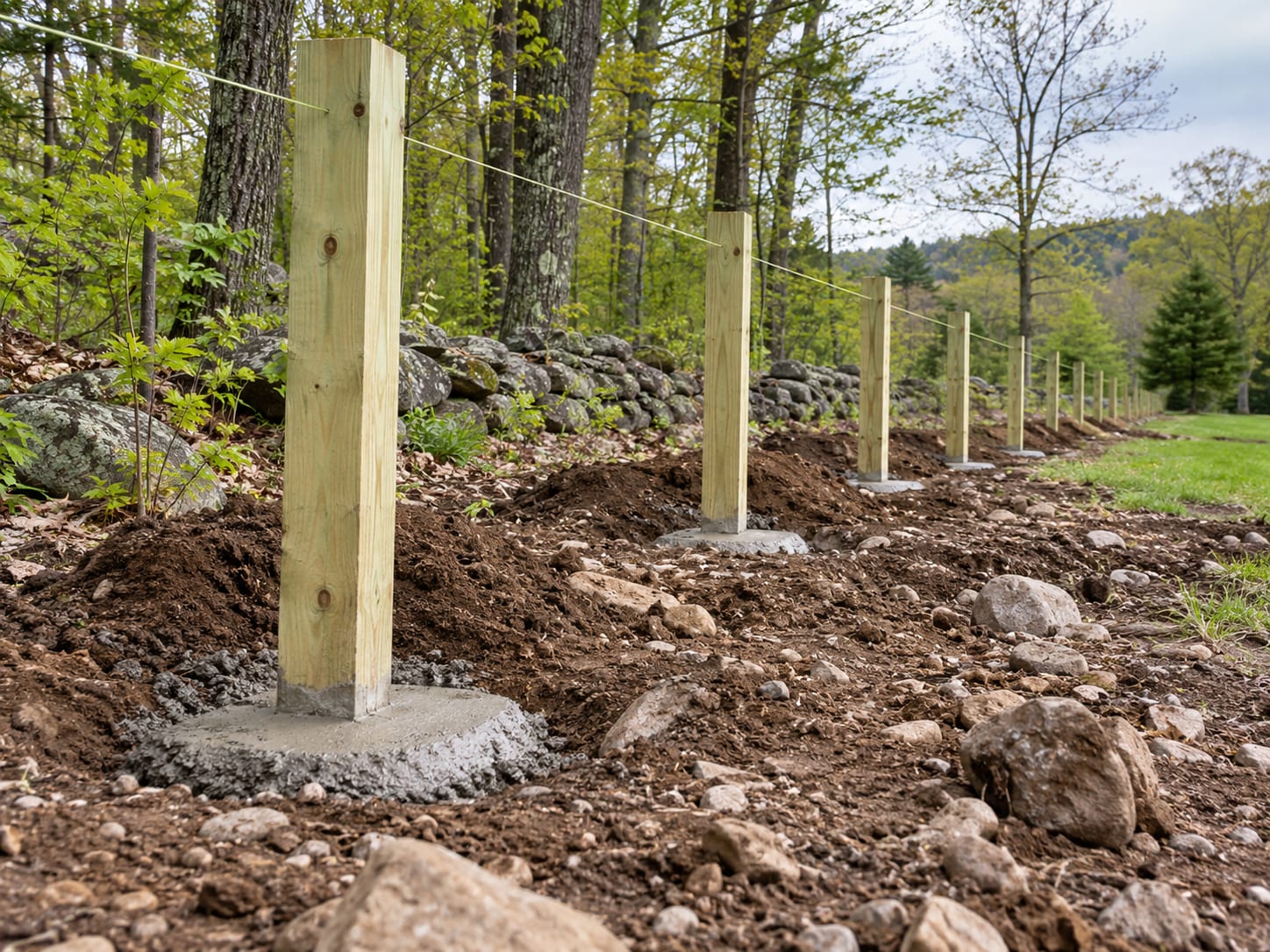 A row of freshly set wood posts standing plumb in concrete footings beside a straight string line on rocky New England soil.