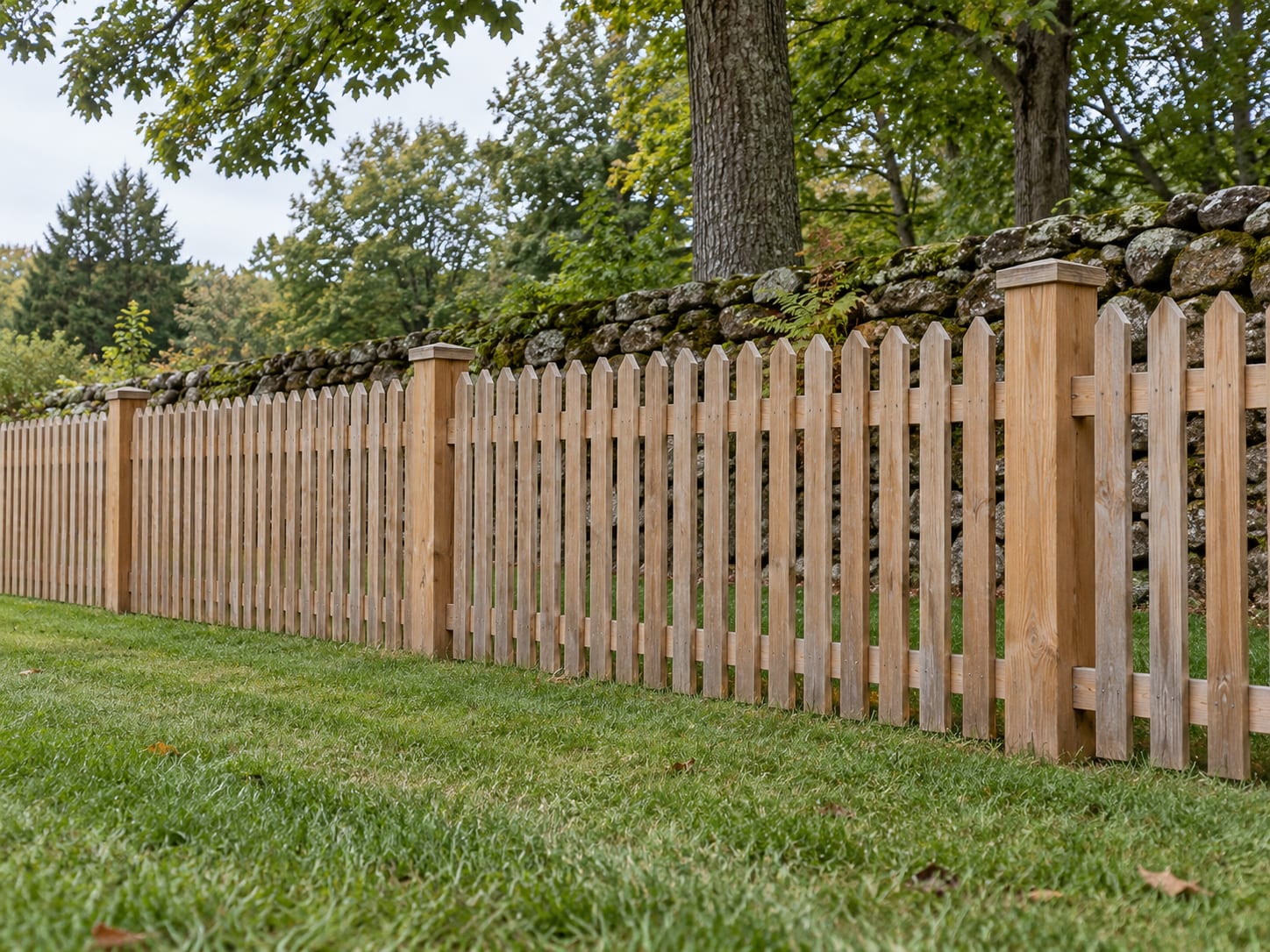 A cedar picket fence set a few feet inside a lot edge, leaving a narrow strip of grass between the fence and a low stone wall.