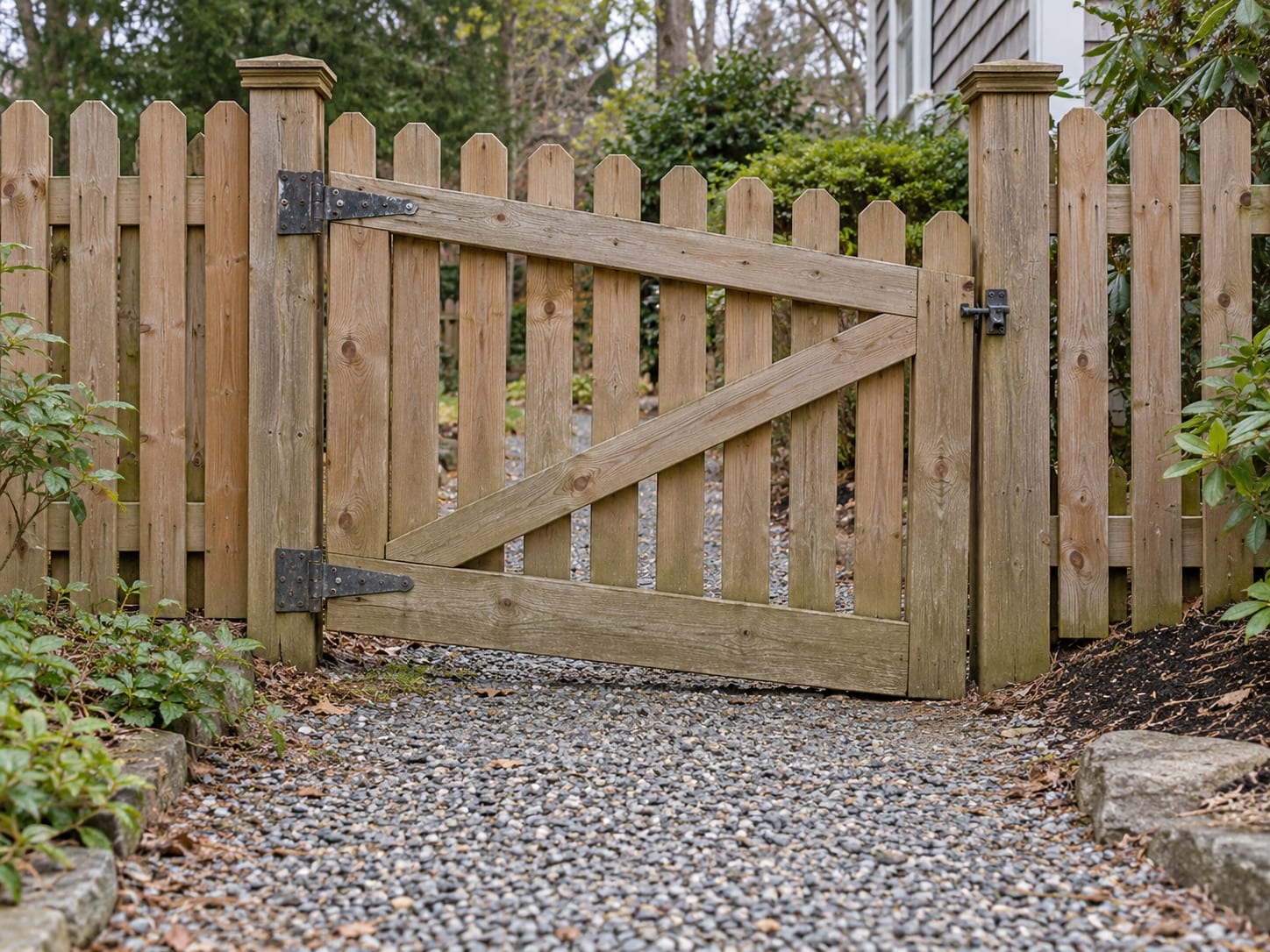 A cedar walk gate hanging low on its hinge post, with its latch side dragging above a gravel path.