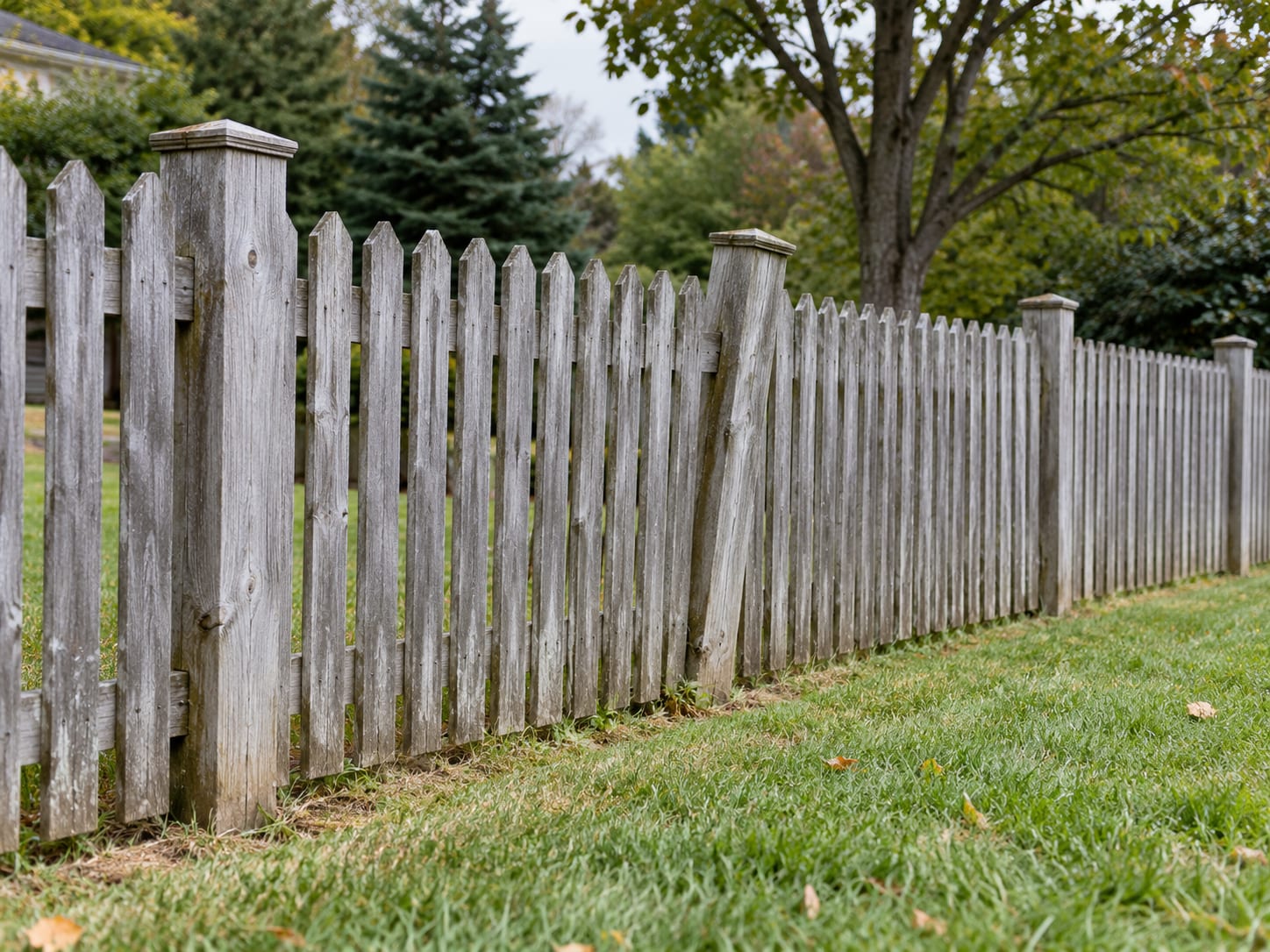 A weathered cedar picket fence along a lawn with one post leaning out of line while the posts on either side stand straight.