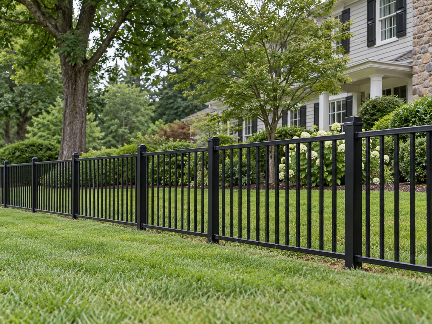 A black ornamental aluminum fence about four feet tall with open pickets, running straight along a suburban front lawn.