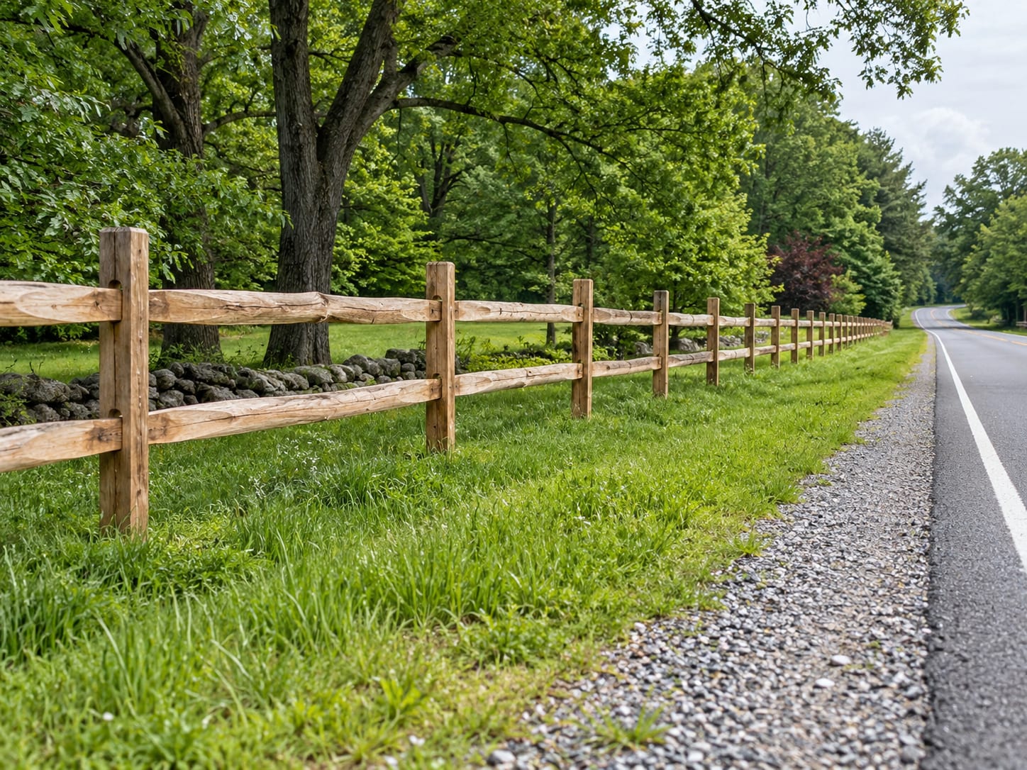A wooden split-rail fence set well back from a quiet town road, with a wide grass verge and a gravel shoulder between the fence and the pavement.