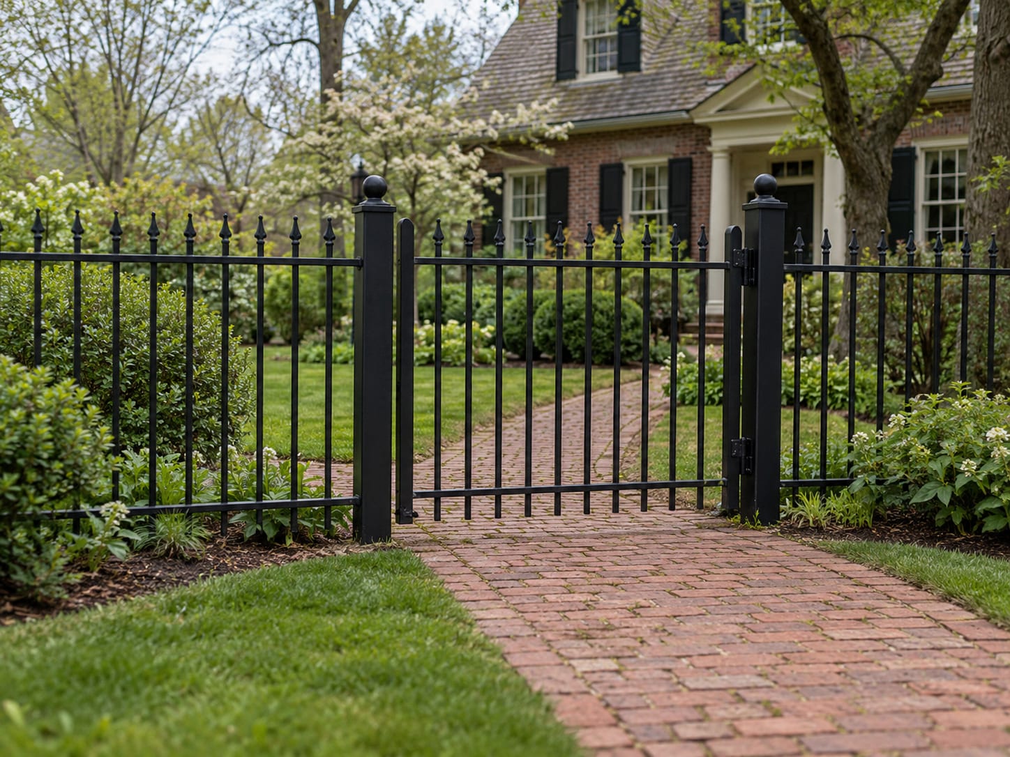 A black wrought-iron style metal fence with a walk gate, standing in front of a brick path leading to an older house.