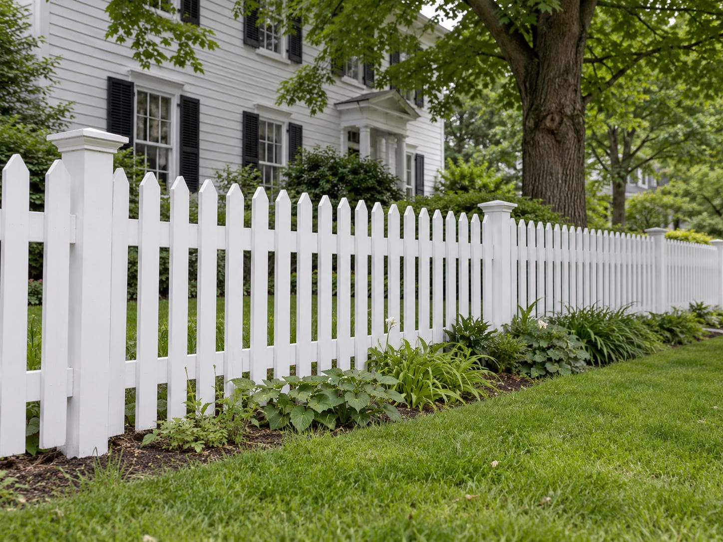A low white picket fence with open spacing along the front lawn of an older clapboard house on a quiet village street.