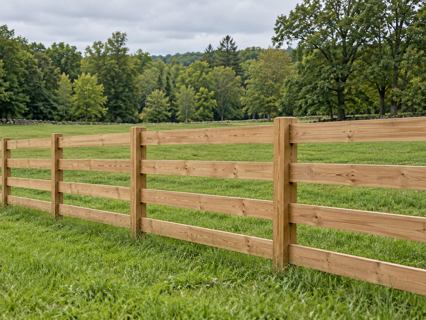A four-rail wood board fence around a green paddock in western Connecticut, with a horse-free pasture and tree line behind it.