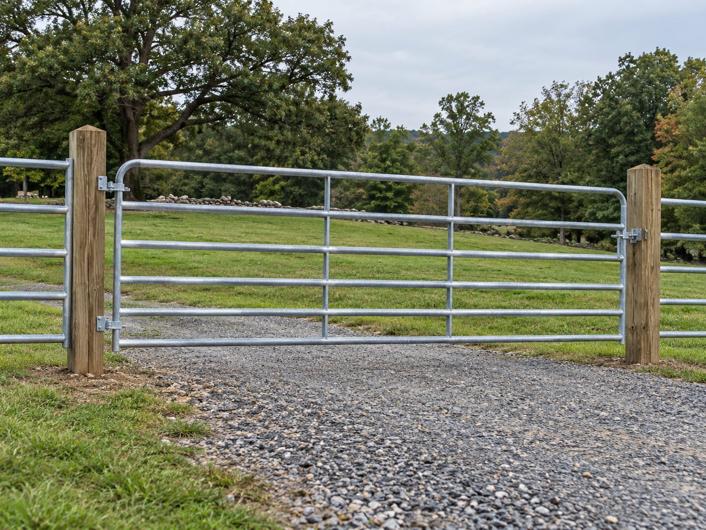 A wide galvanized steel farm gate hung on two heavy posts at a pasture entrance, with a gravel approach and open grass beyond.
