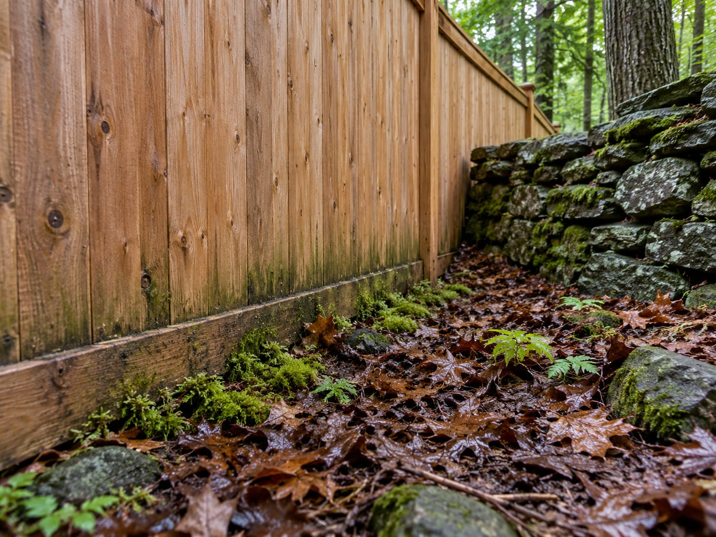 The base of a shaded cedar fence with moss and damp leaves packed against the bottom boards beside a low stone wall.