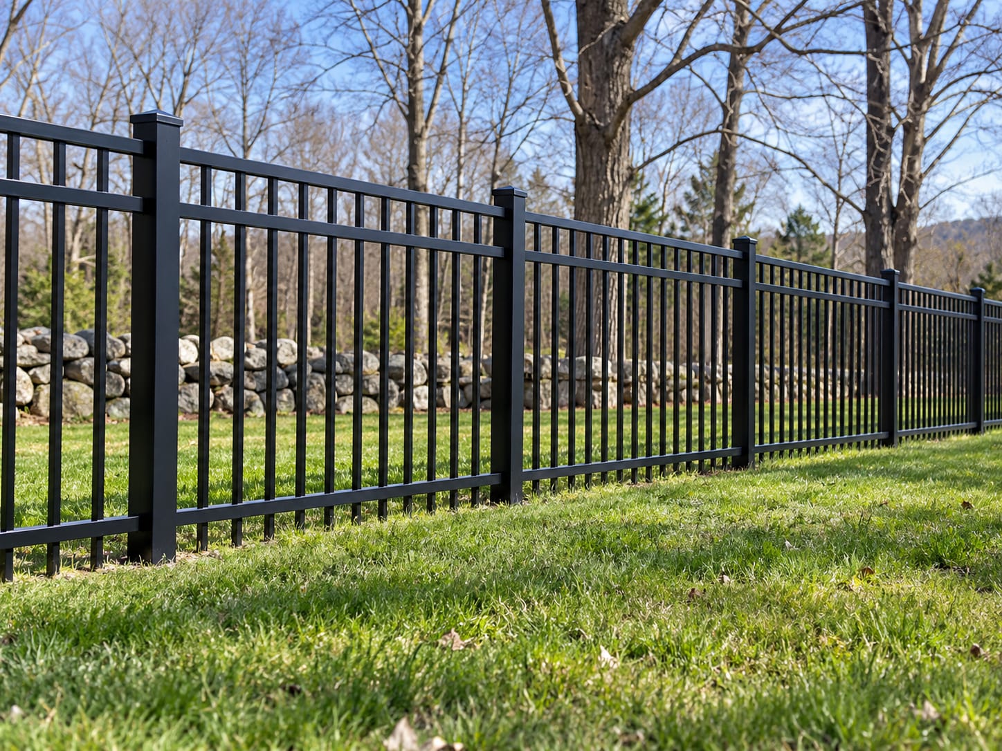 A black aluminum fence with a clean, intact finish running along a sunny, well-drained lawn in early spring.