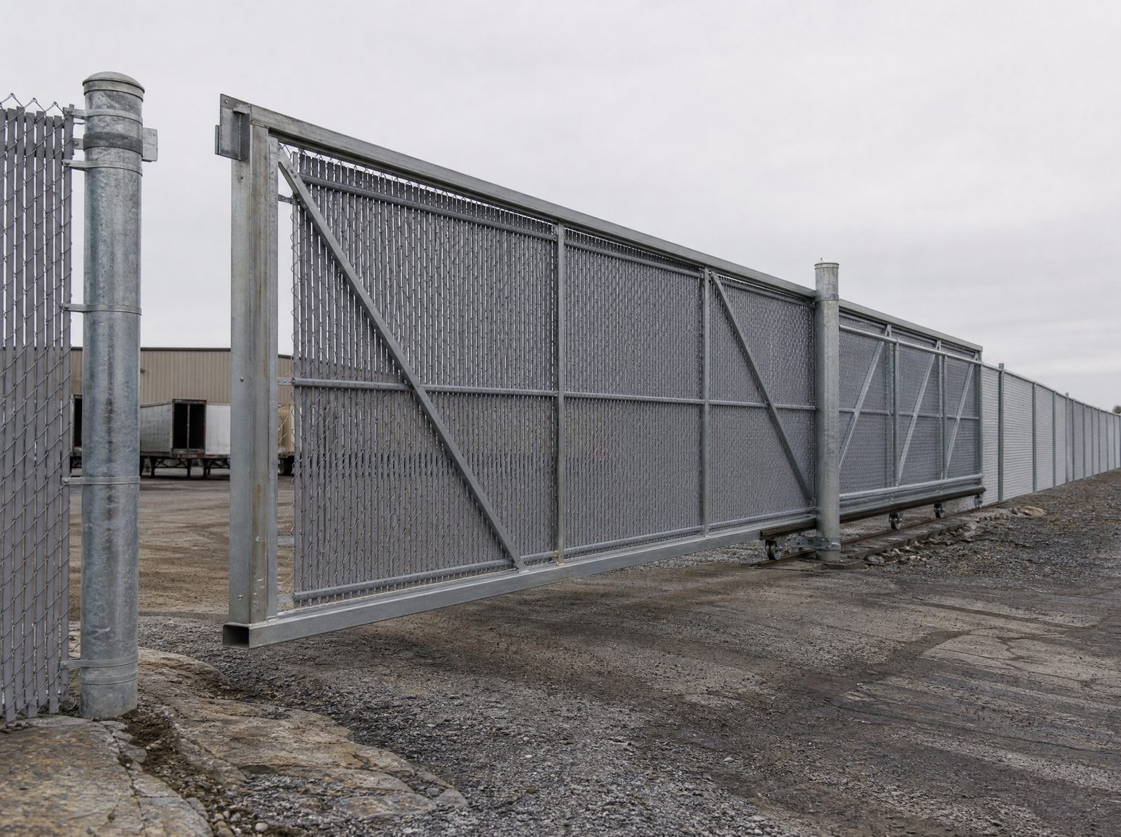 Reinforced eight foot galvanized cantilever slide gate mostly closed across an industrial truck entrance with the counterbalance section and support track visible and matching slatted chain-link running away from it