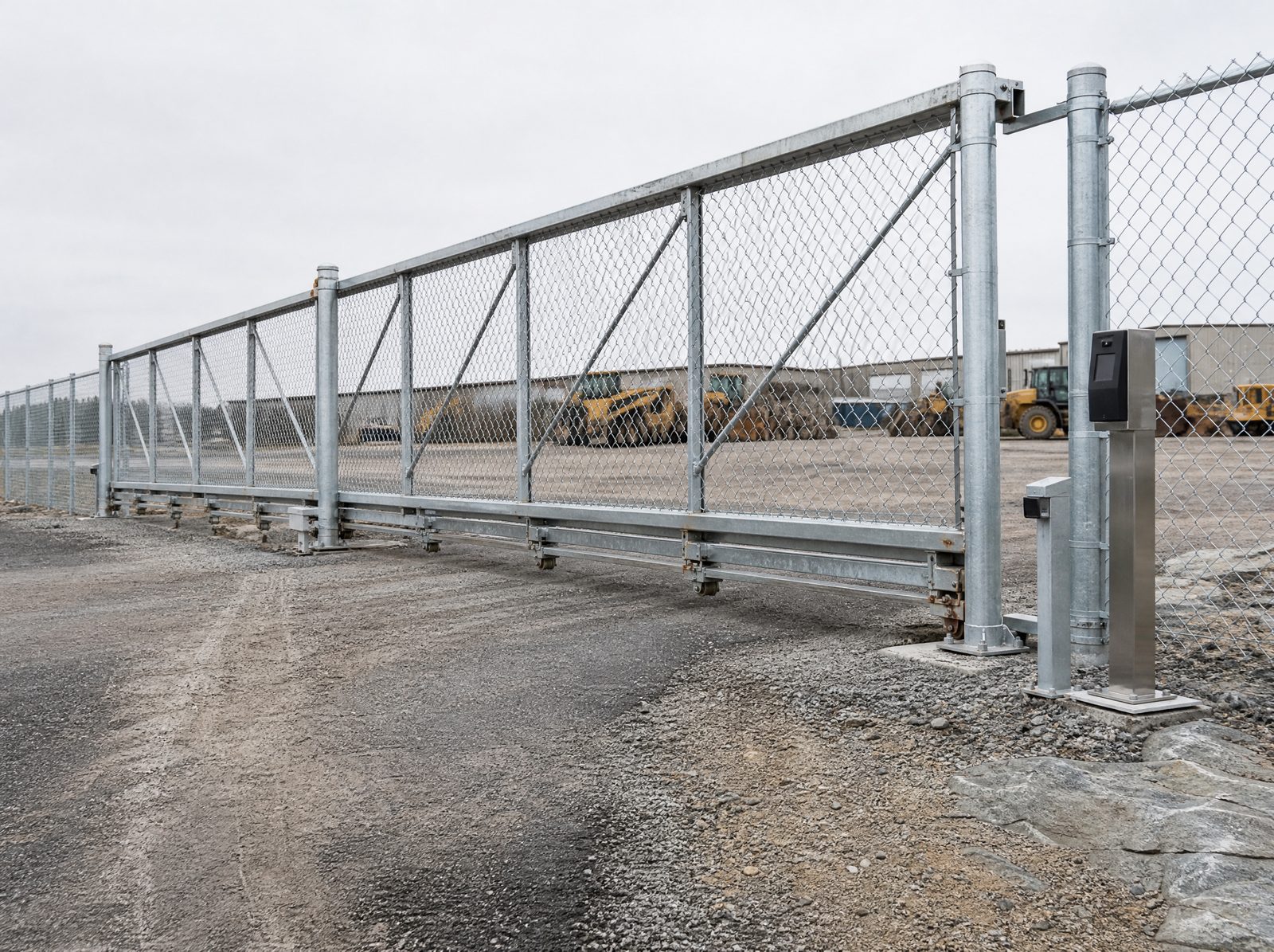 Automated eight foot galvanized cantilever slide gate mostly closed across a rural industrial entrance with a card reader pedestal and safety photo eyes and the counterbalance section and support track visible