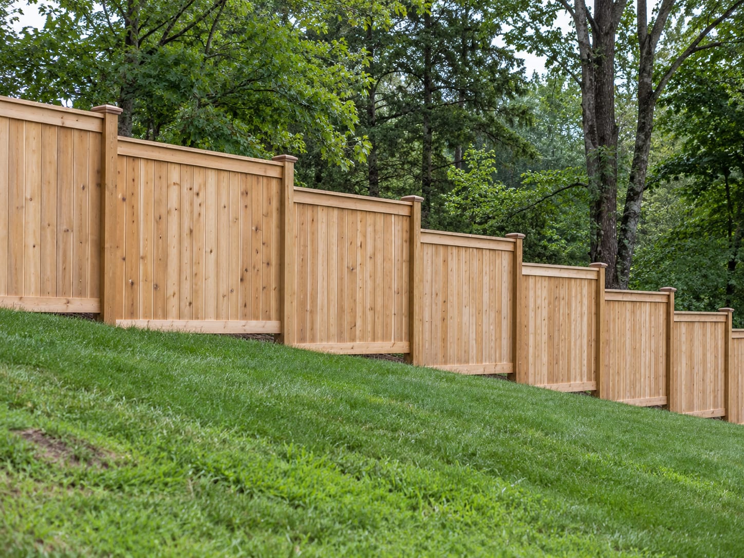 A cedar fence stepping down a gentle slope along a lot line, with the posts following the change in grade.