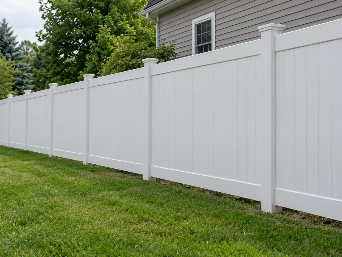 A white vinyl privacy fence running straight along the side yard of a suburban house on level ground.