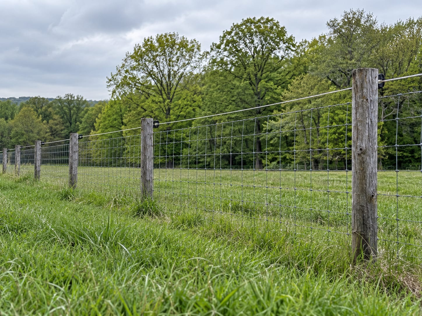A four-foot woven wire fence with a single electric strand along the inside runs straight across a level Connecticut pasture beside a stand of hardwood trees.
