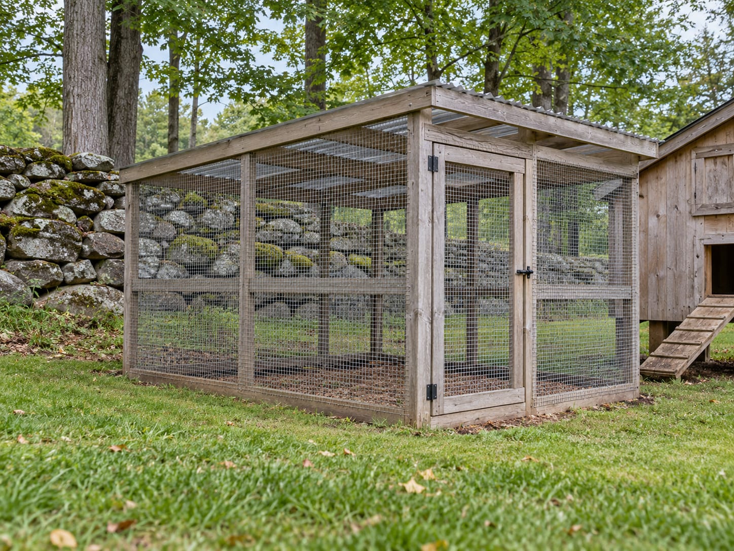 A small poultry run built from hardware cloth with a roofed top sits on level lawn next to a wooden coop, with a stone wall and maple trees behind it.
