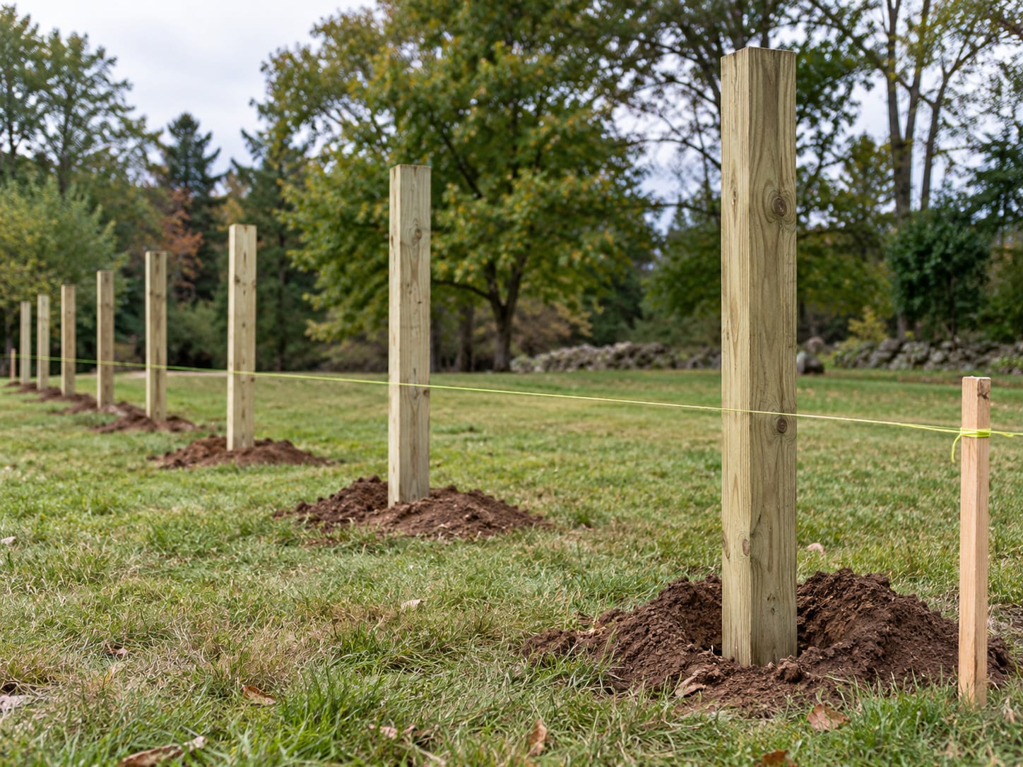 A row of wooden fence posts stands plumb along a string line on a level yard, with plain wooden survey stakes marking the line at both ends.