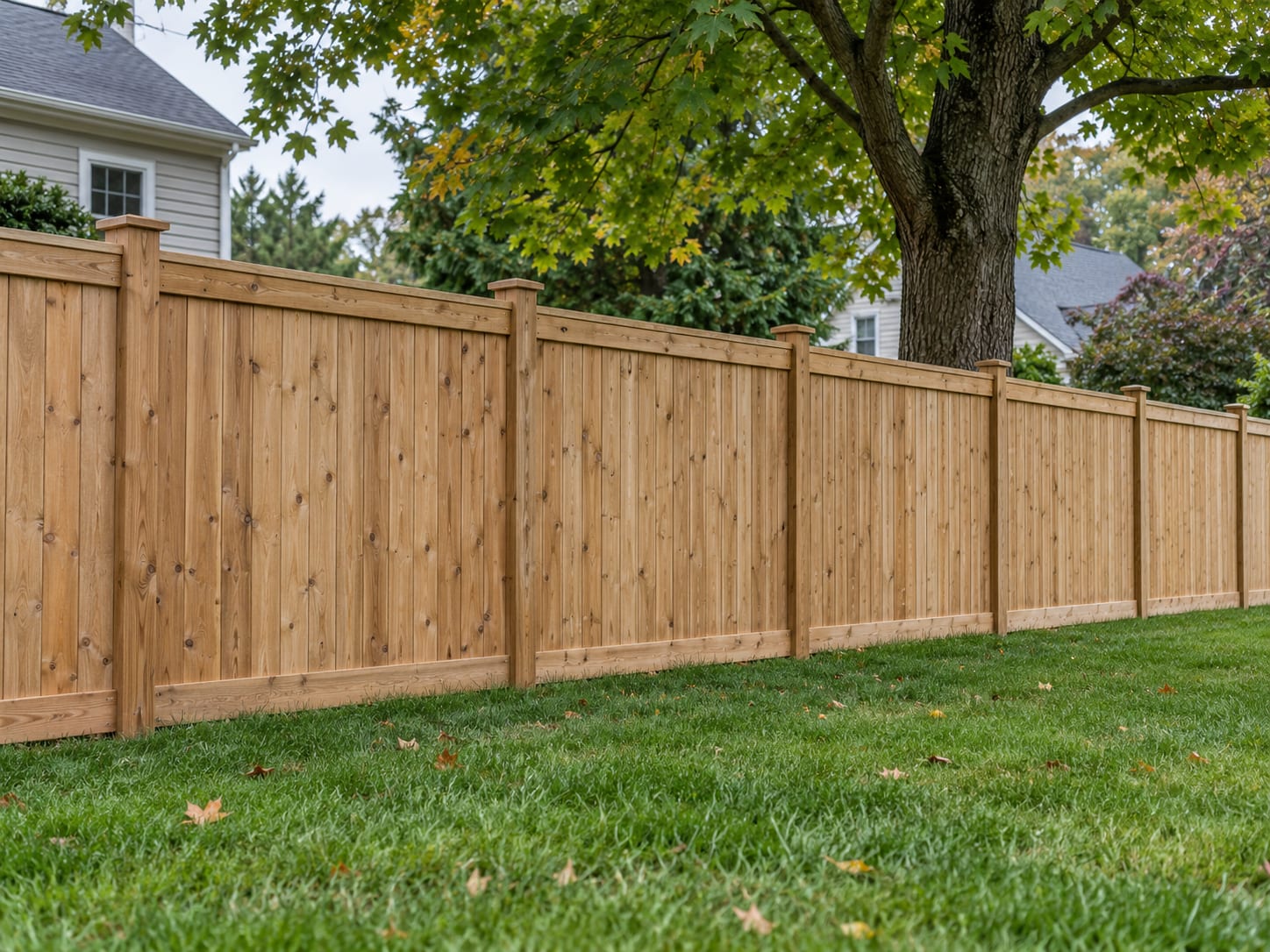 A wood board fence runs straight along the line between two level suburban lawns in western Connecticut, with a maple tree on one side.
