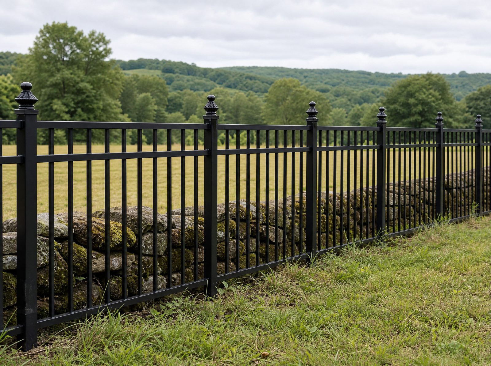 Four foot black ornamental fence with slim square pickets and cast finial post caps defining a front boundary on a rural Southbury farmland lot beside an old stone wall