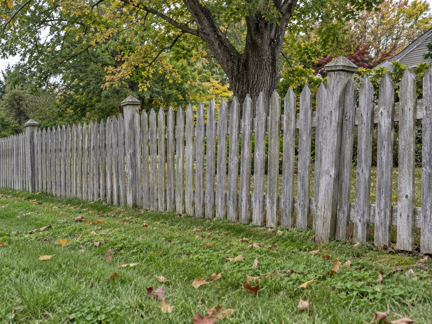 A weathered gray wood picket fence with a few leaning posts runs along the edge of a level Connecticut front yard, with a mature oak tree behind it.