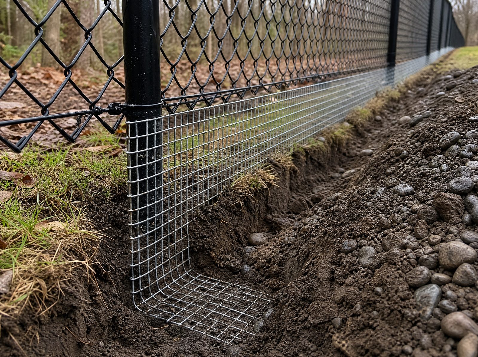 Galvanized wire dig barrier turning down into a shallow trench along the bottom of a black chain-link fence line on a wooded New Fairfield lot