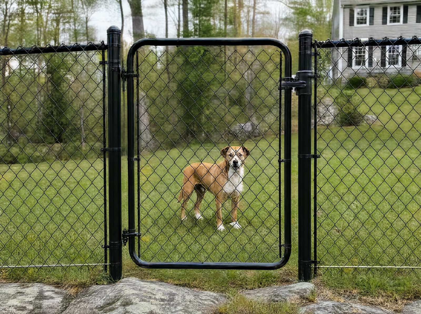 Closed black chain-link pet gate with a self-closing hinge and a dog-proof latch, the enclosure fence continuing on both sides and a calm dog behind the mesh