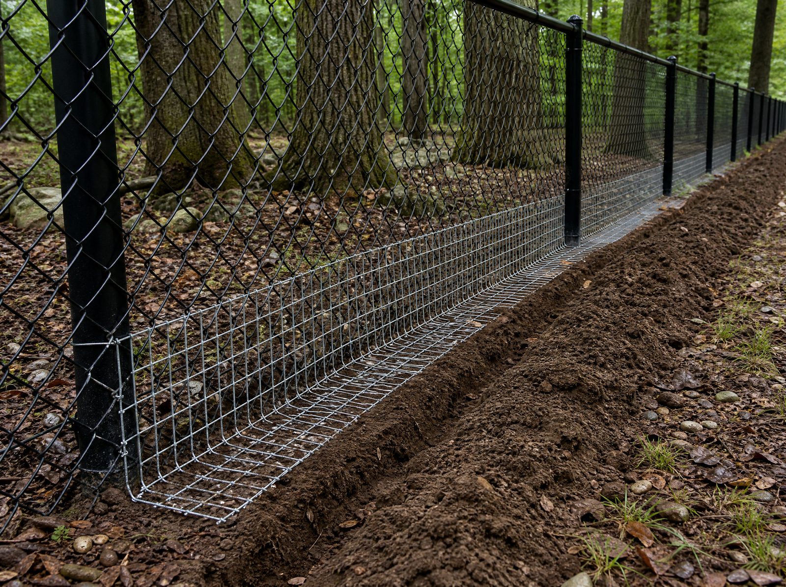 Galvanized wire dig barrier and L-footer being buried along the bottom of a black chain-link fence line on a wooded Sherman lot, trench and wire visible, no dog and no hands