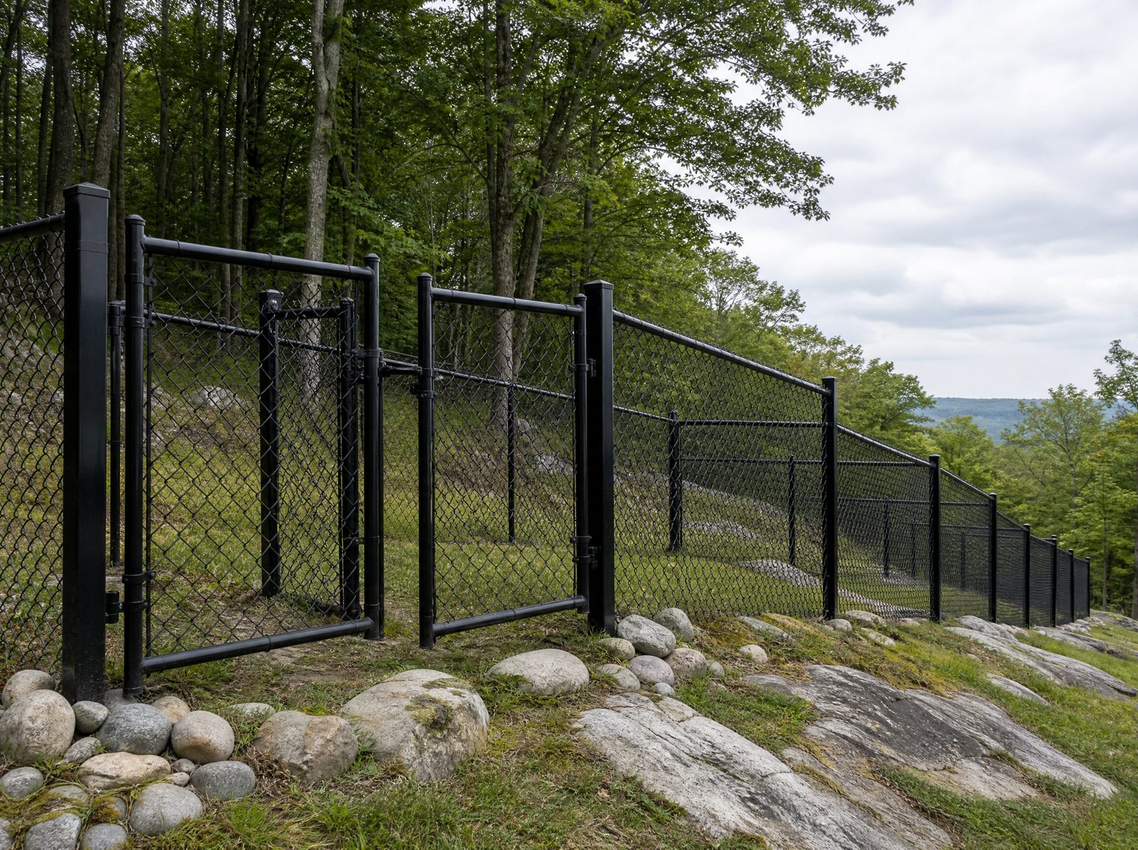 Fully enclosed black chain-link dog run with a double-gate entry on a sloped, rocky Sherman lot, no dog inside