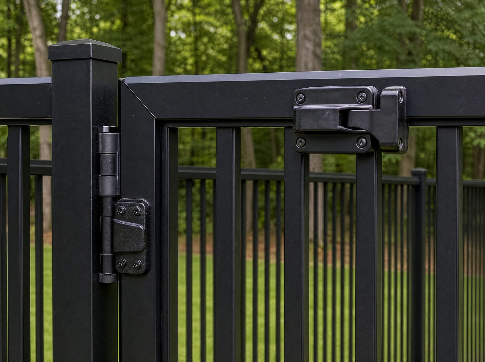 Close view of a black aluminum pool gate's self-closing hinge and self-latching latch mounted high on the inside of the closed gate with the latch engaged