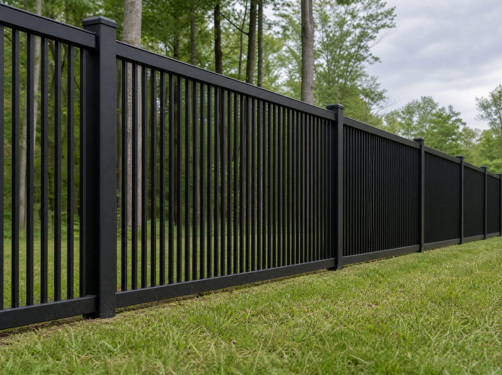 Straight stretch of black aluminum pool barrier showing tight vertical picket spacing and small even ground clearance under the bottom rail with no gaps