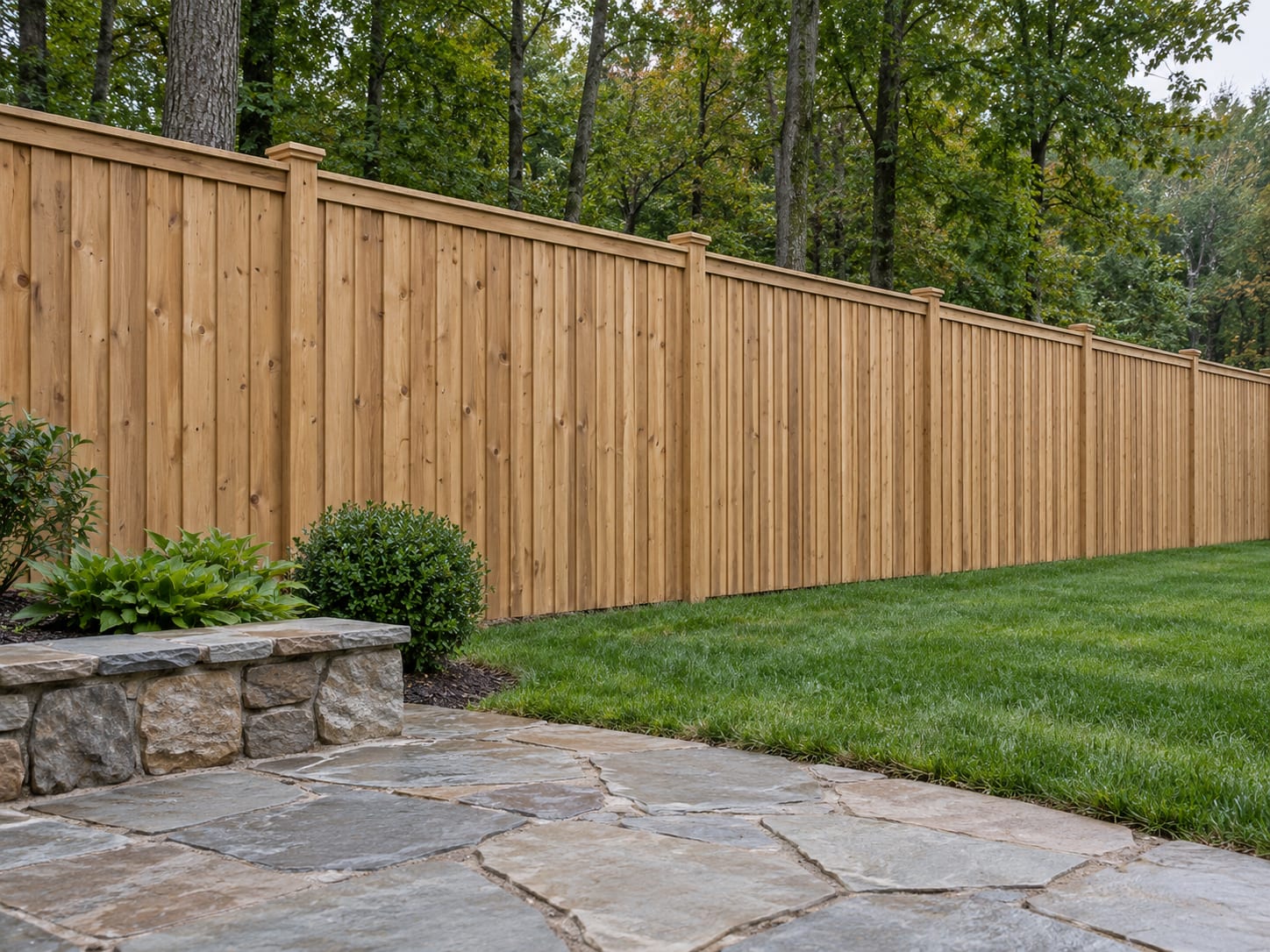 A six-foot board-on-board wood fence runs straight along the side of a level backyard in western Connecticut, with a small stone patio in front of it.