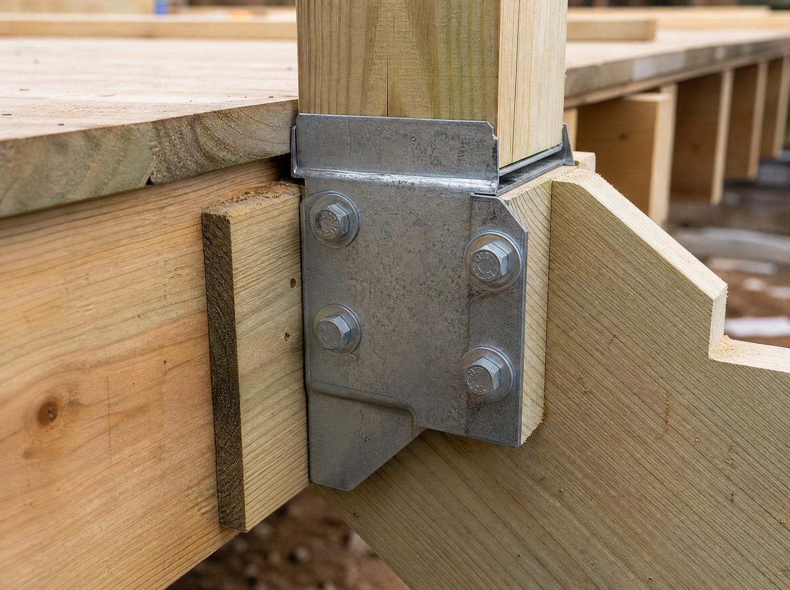 Close honest view of a railing post base fastened to deck framing and a stair stringer with a metal bracket and lag bolts