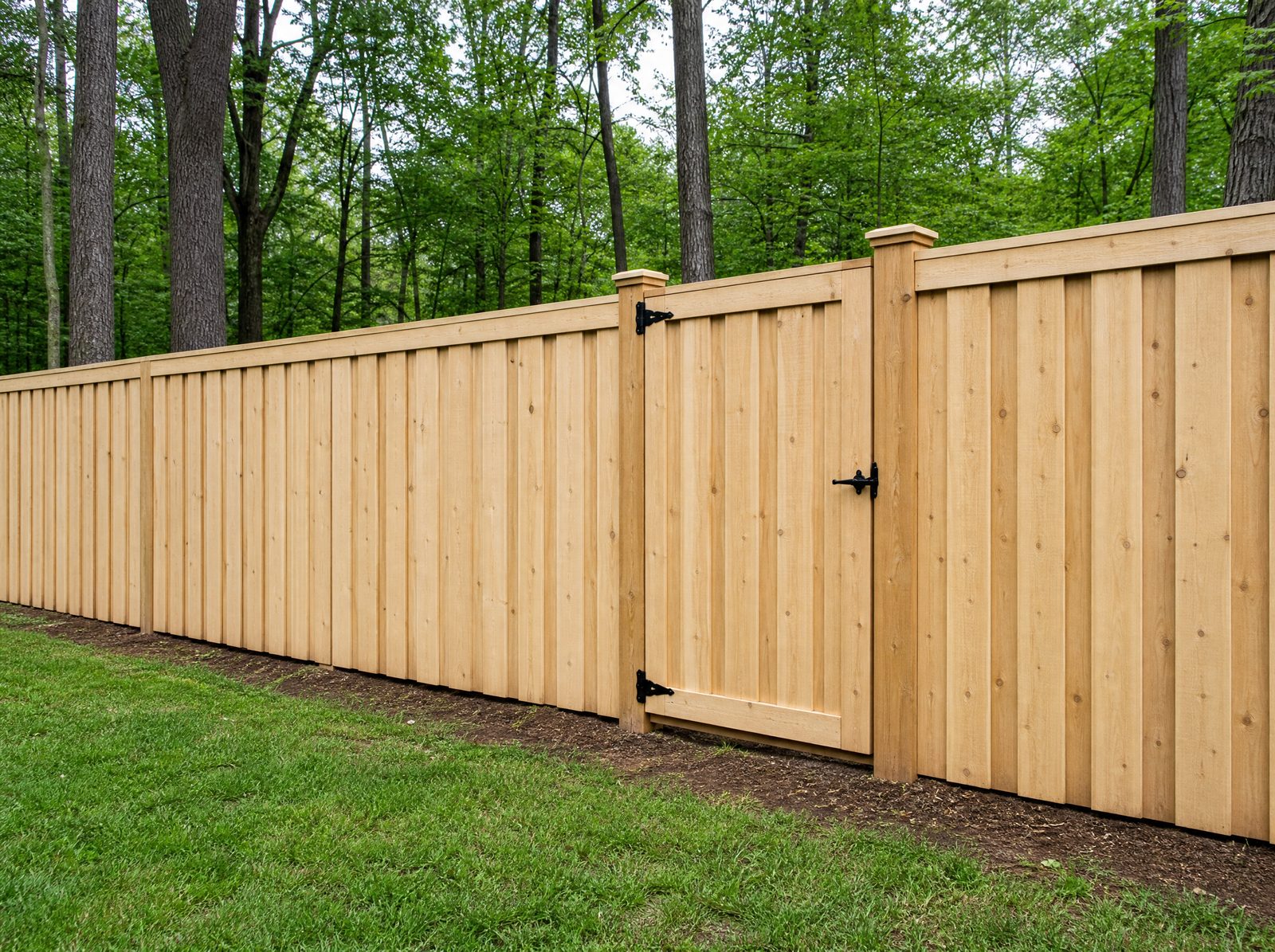Finished six foot board-on-board wood privacy fence and matching wood gate behind a Sherman home with the yard restored around the posts