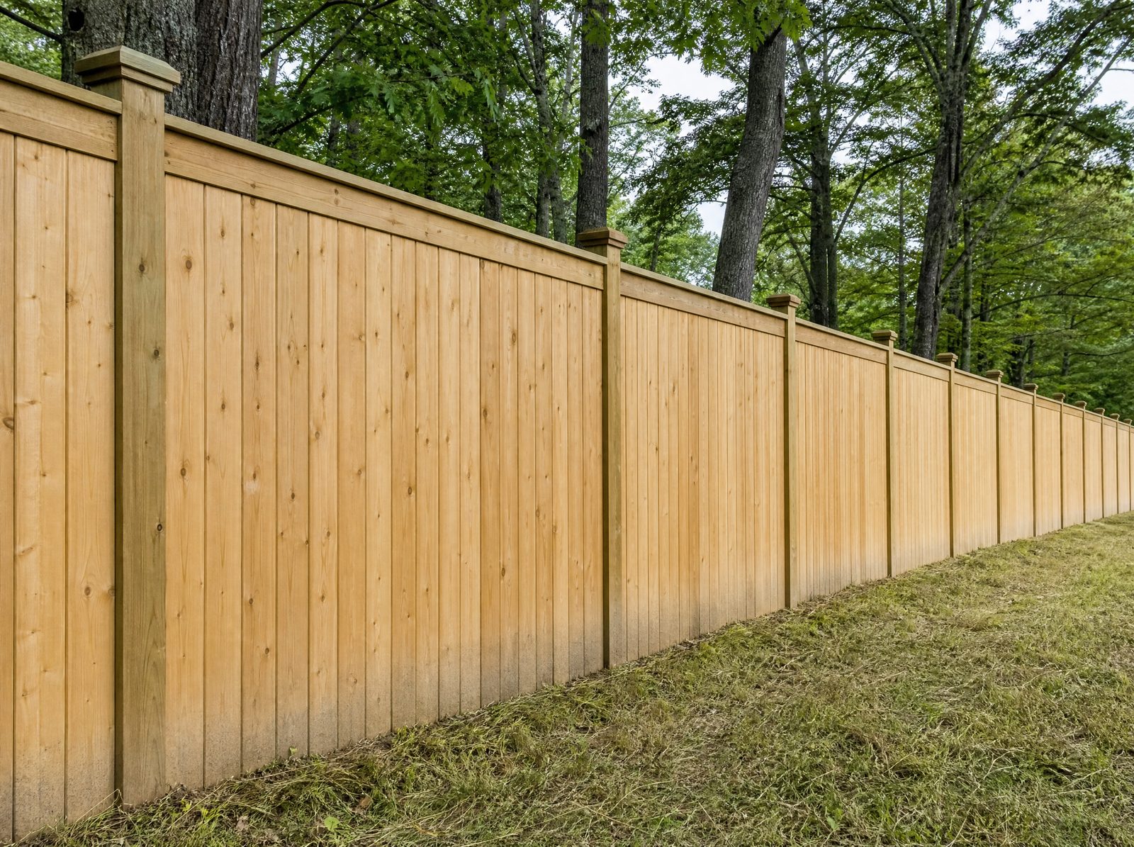 Straight six foot solid wood board privacy fence run standing as a solid wall along a Sherman boundary with mature hardwoods behind