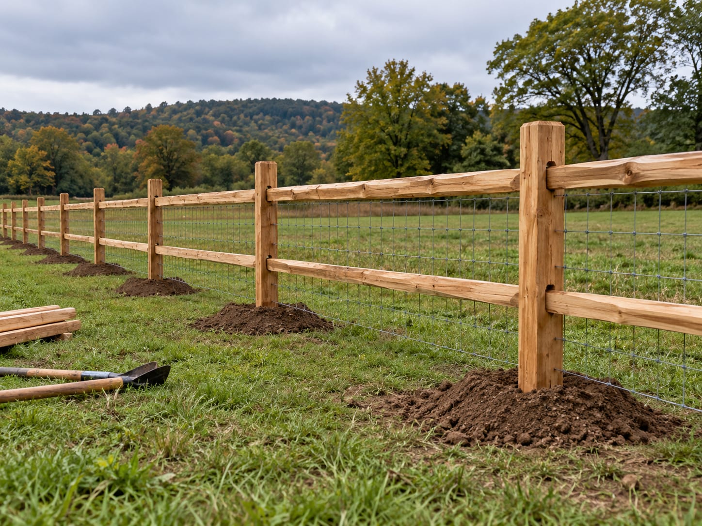 Cedar split rail posts stand plumb in a straight line across a level pasture, with tidy mounds of compacted soil at the base of each post.