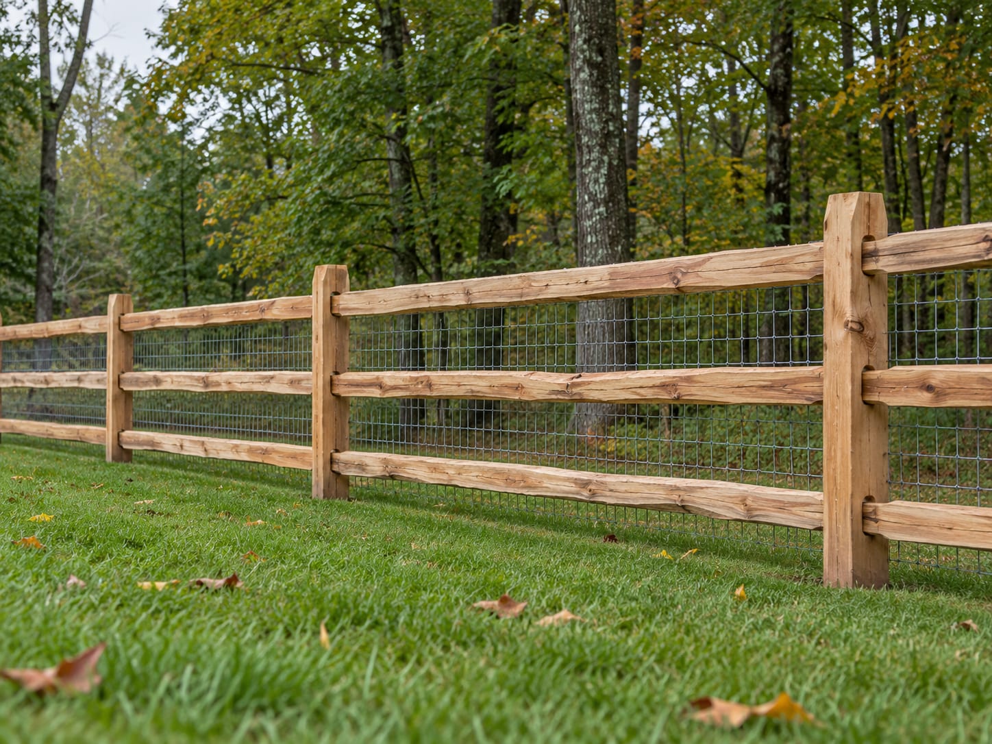 A three-rail cedar split rail fence lined on the inside with galvanized welded wire runs straight across a level lawn beside a stand of hardwood trees.