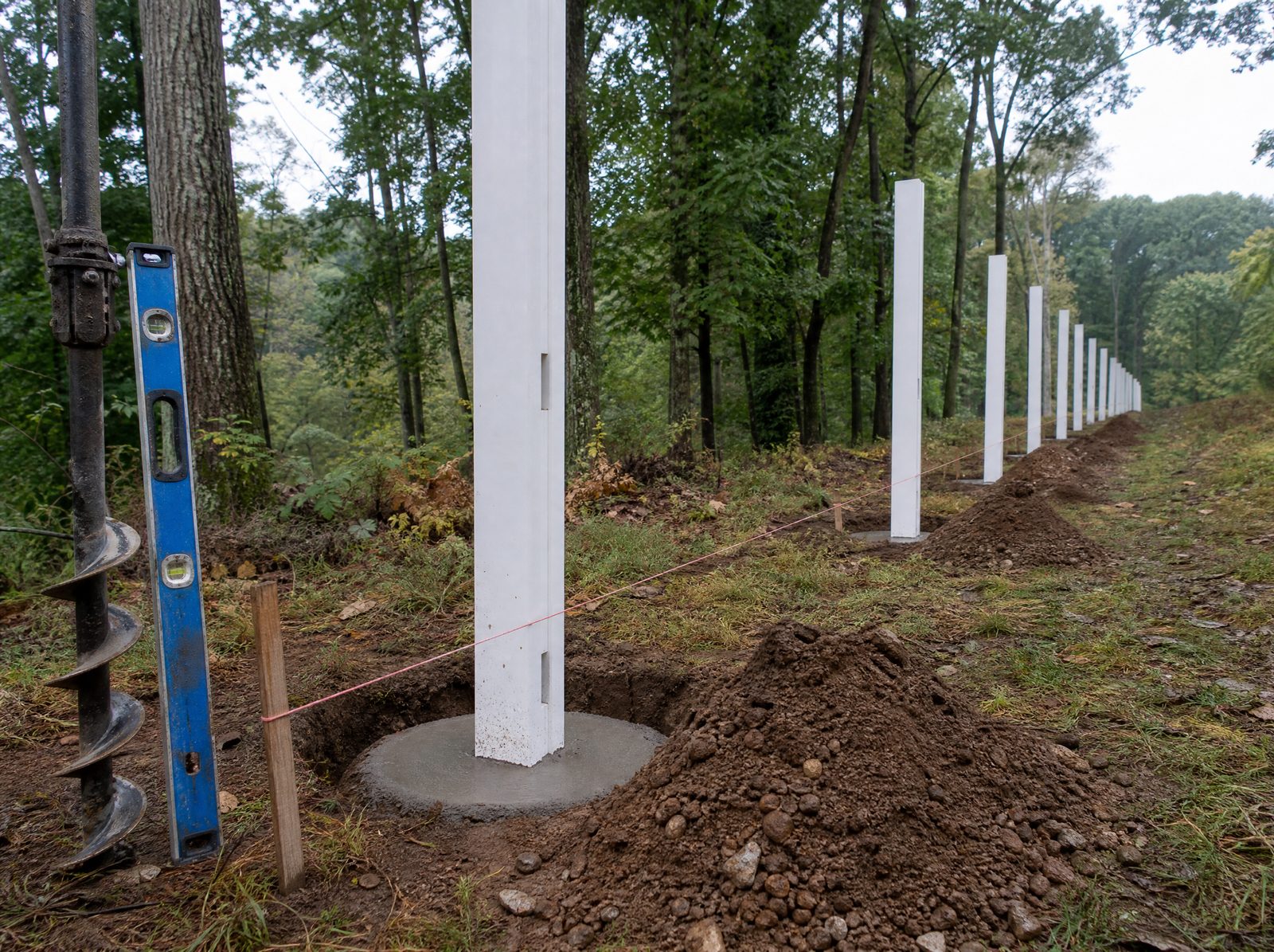 White vinyl fence posts standing plumb in freshly augered holes along a rural wooded lot line with no panels hung yet, a fresh concrete collar at the nearest post and a taut mason's string marking the line