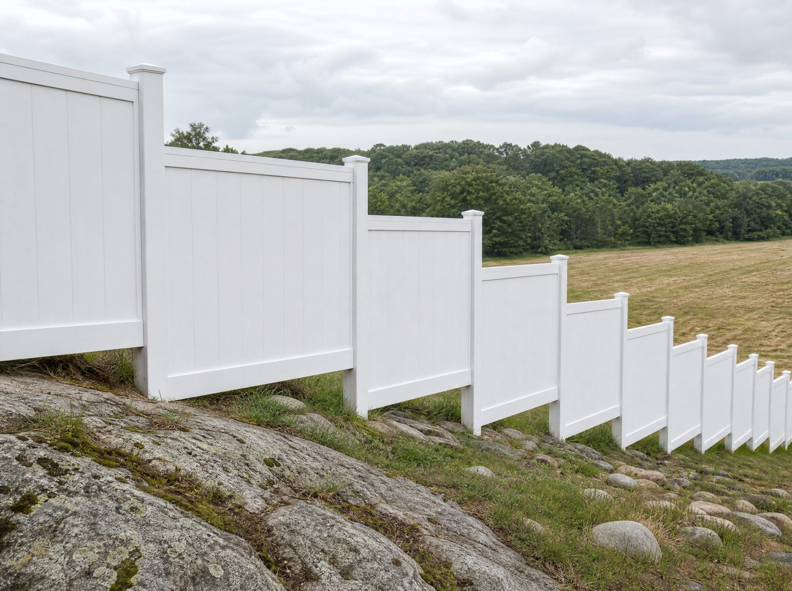 Six foot white vinyl privacy fence stepping down a falling grade in level rectangular sections with a visible step offset at each post, on a rocky sloping lot at a field edge