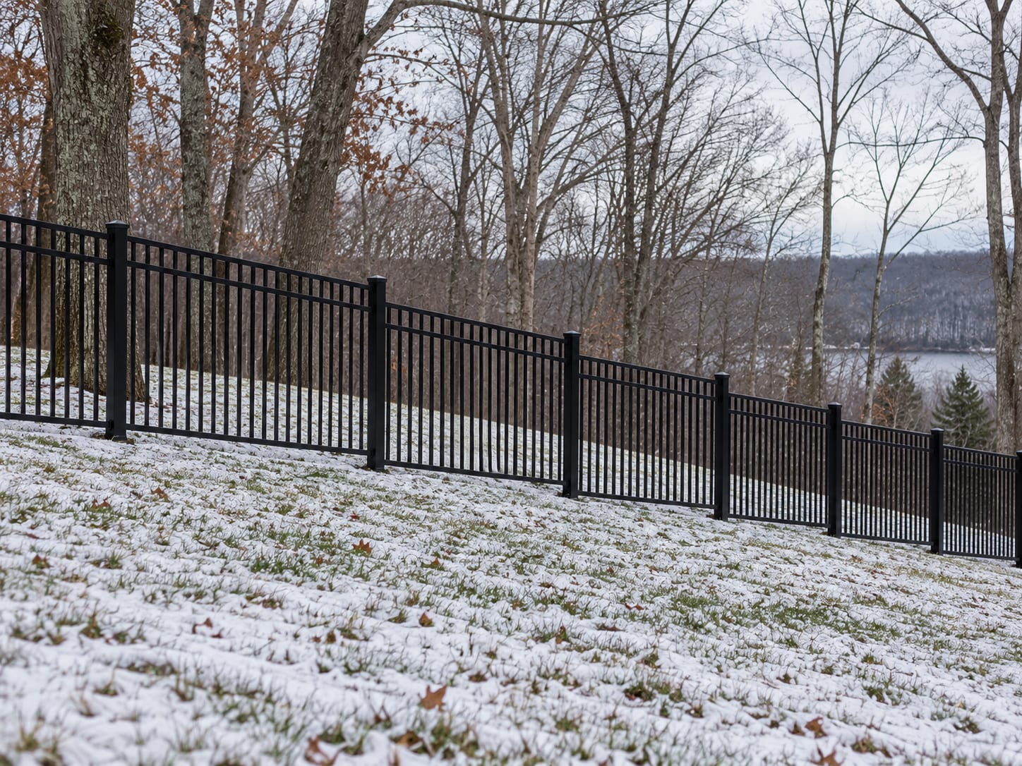 A black aluminum picket fence steps down a gentle grassy slope in level sections, with bare hardwood trees and a thin dusting of snow on the lawn.