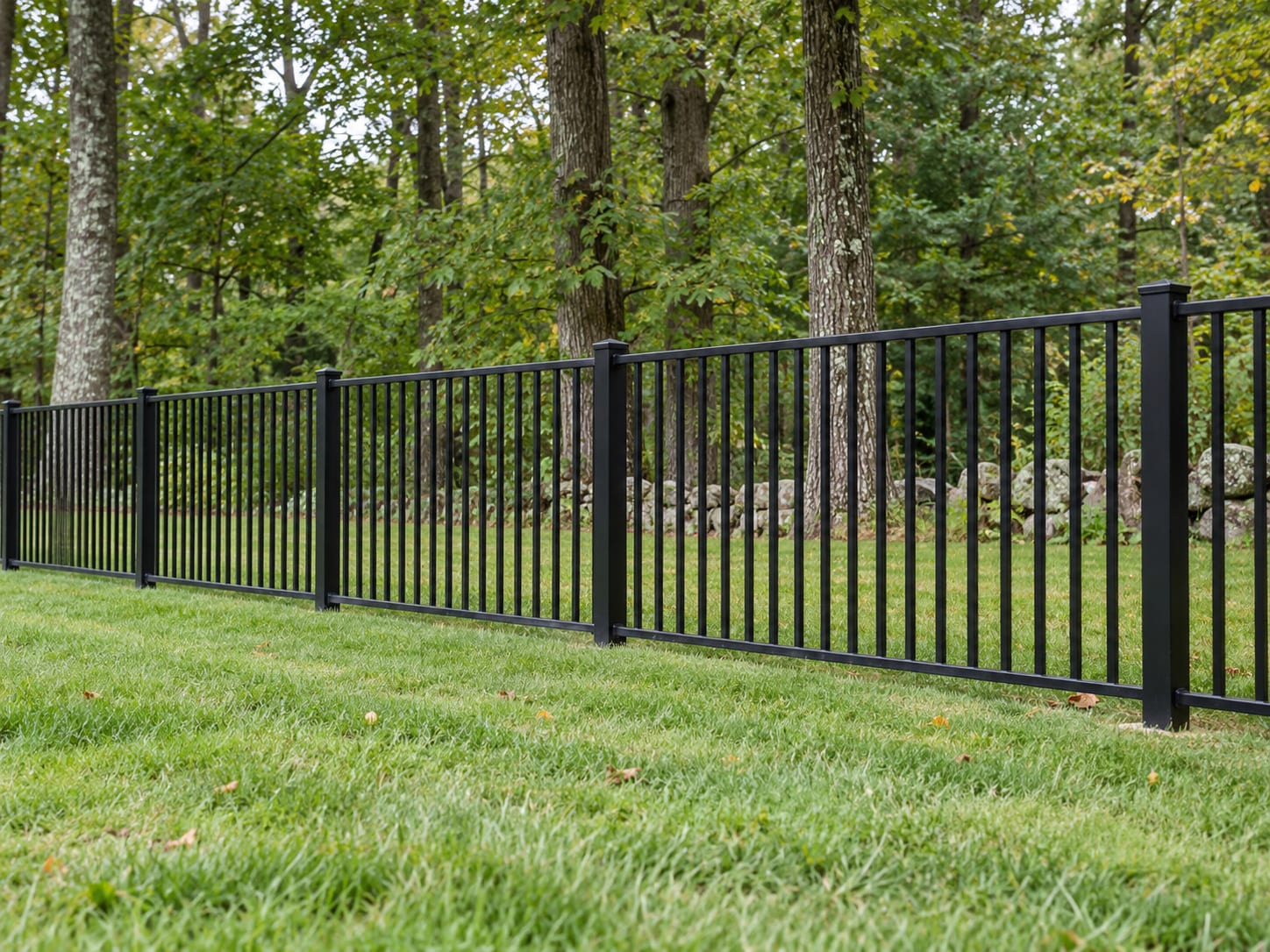 A black aluminum picket fence with an open pattern runs straight along a level backyard, looking the same from either side, with hardwood trees beyond.