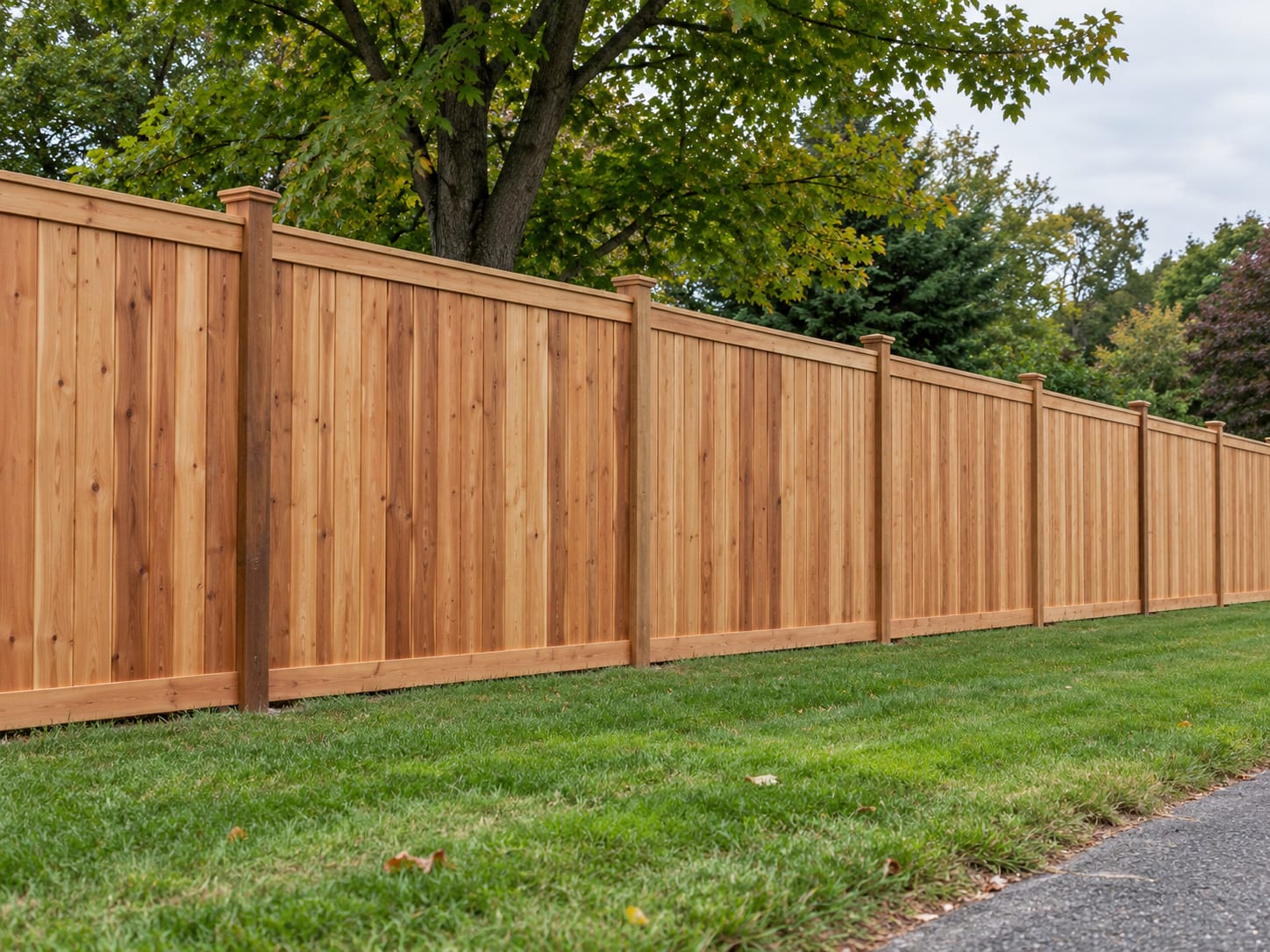 The smooth finished face of a cedar board fence runs straight along a level lot line beside a quiet residential street, with a maple tree behind it.