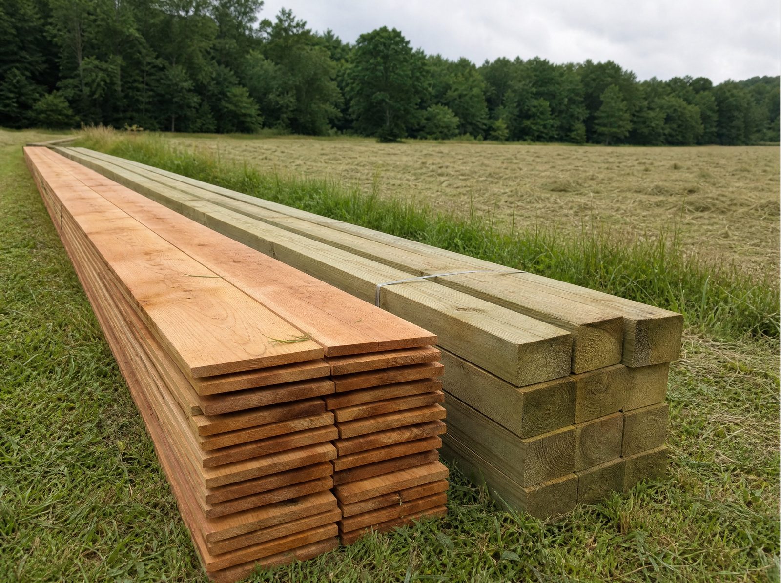 Stacked warm cedar fence boards and thicker treated ground-contact posts staged tidily along a property line with no fence built yet