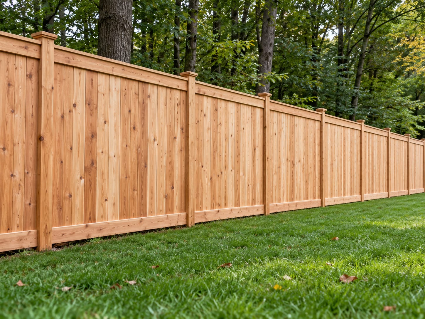 A new cedar board privacy fence runs straight along a level lot line in western Connecticut, with a lawn on one side and hardwood trees behind it.
