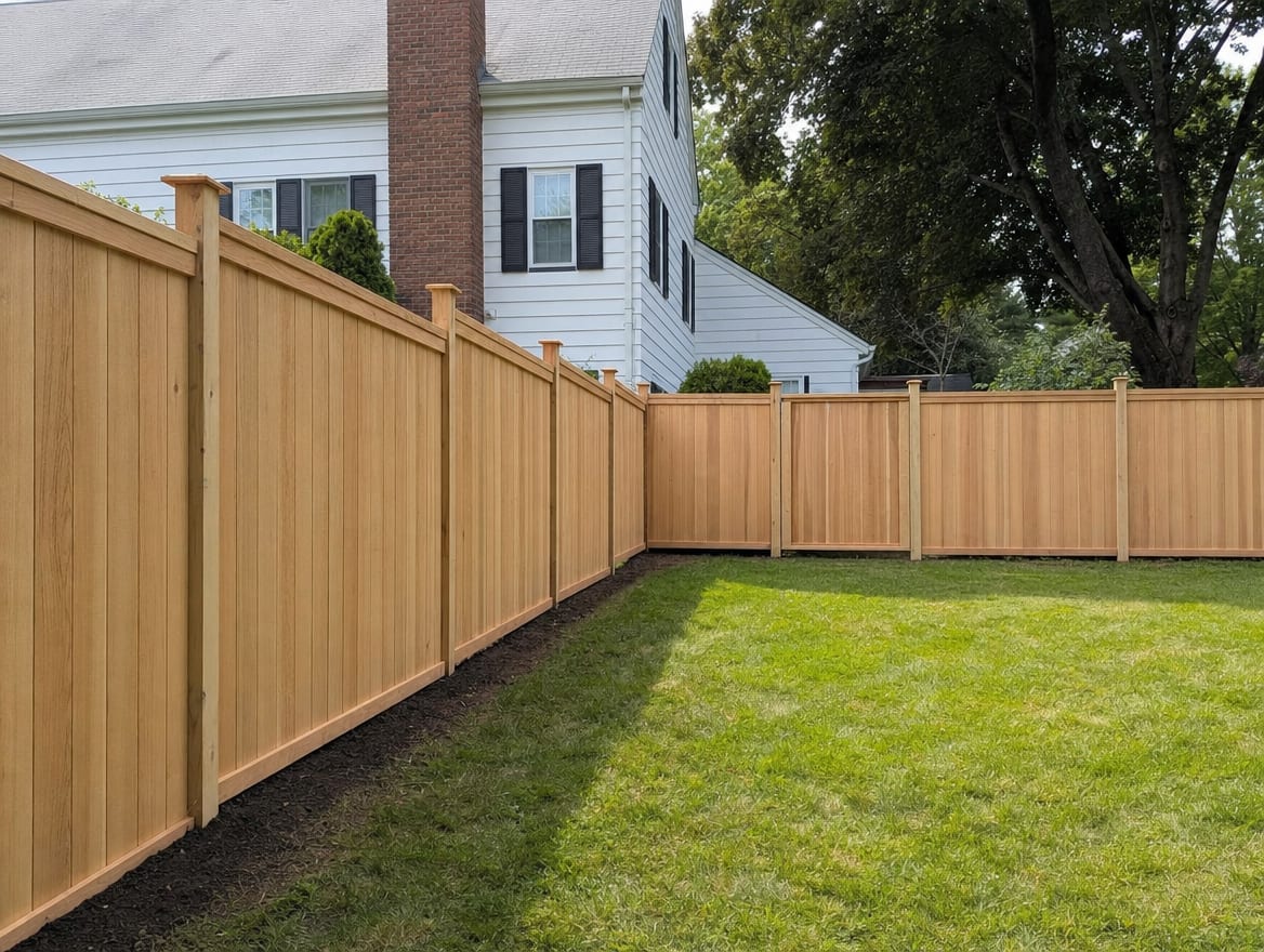 A finished wood privacy fence enclosing a Ridgefield backyard, newly completed and ready for inspection