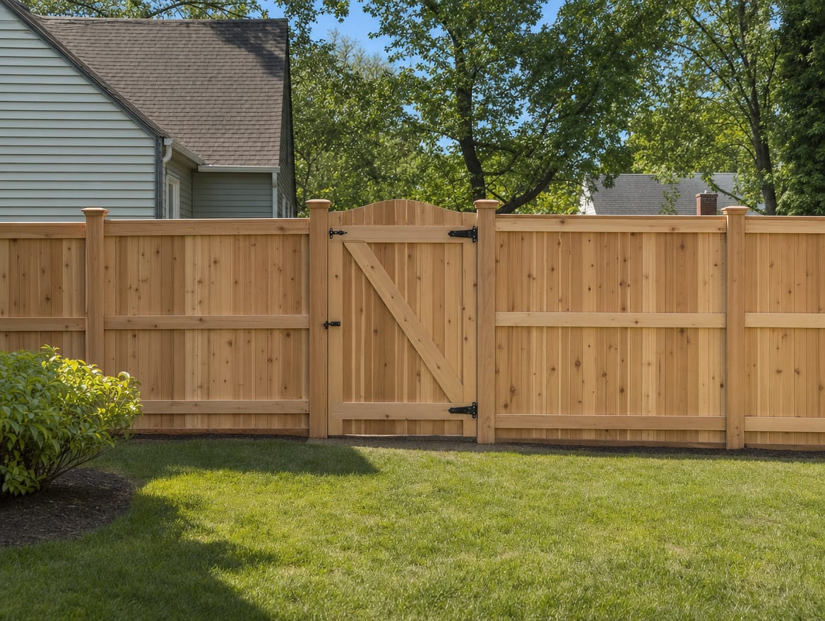A completed wood fence with a closed matching gate, clean and ready for the town inspector