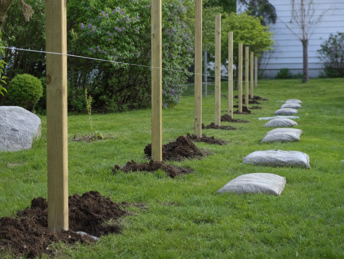 Newly set fence posts standing in deep holes along a string line before the panels go up