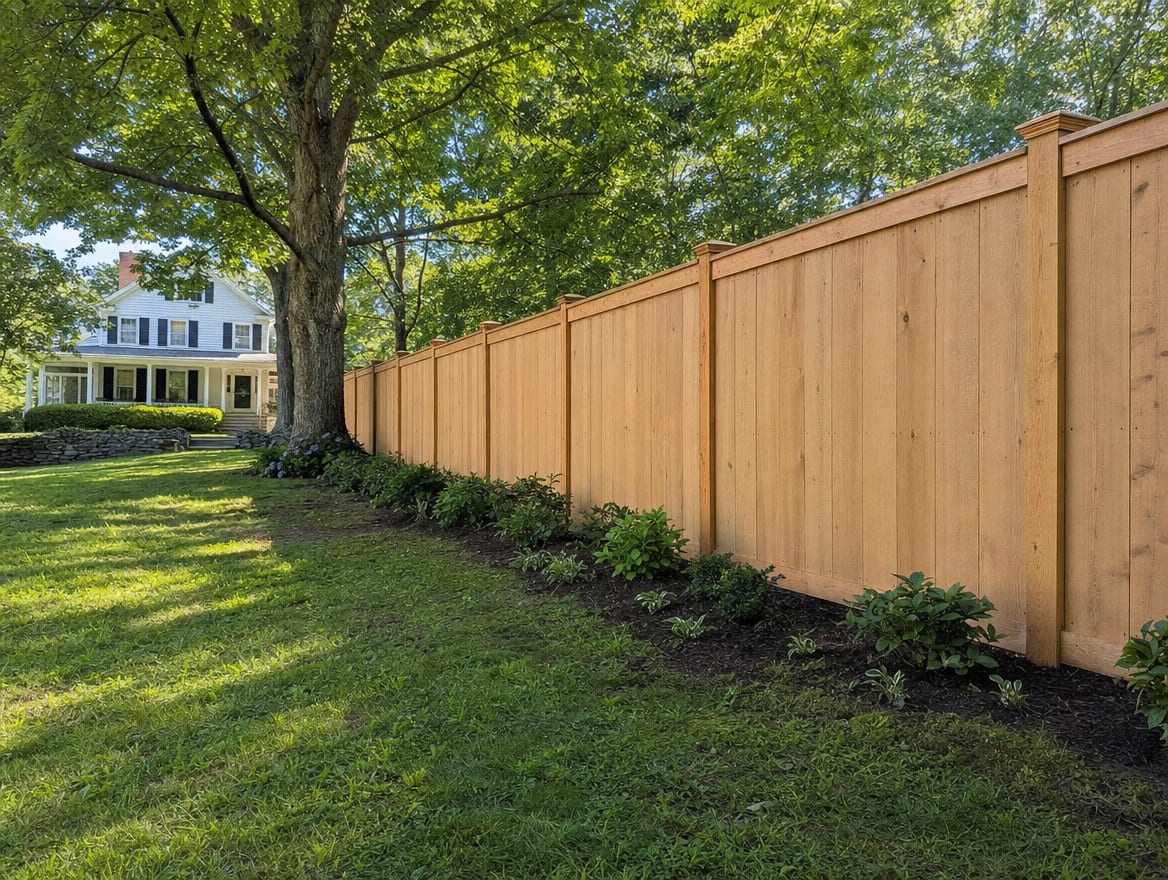 A newly installed residential wood fence at a Ridgefield Connecticut home