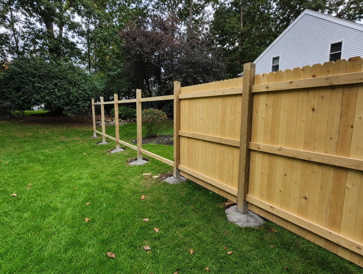 Fence posts set and the first panels being attached during installation