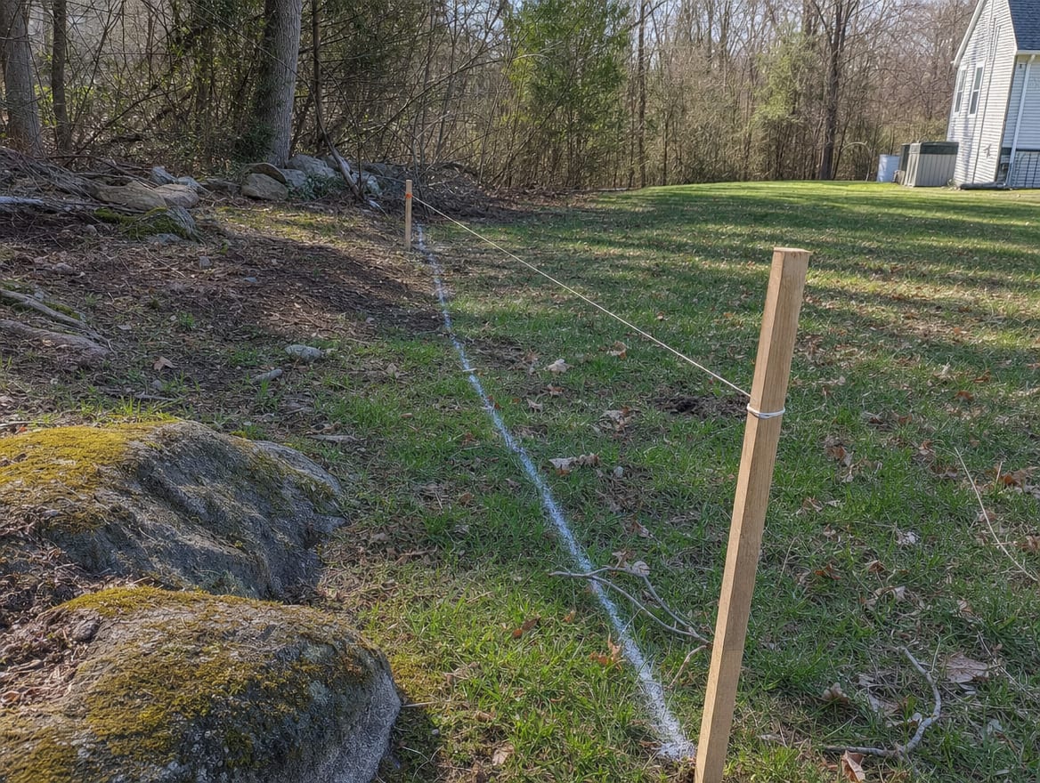 A cleared property line with marking paint and stakes before fence installation