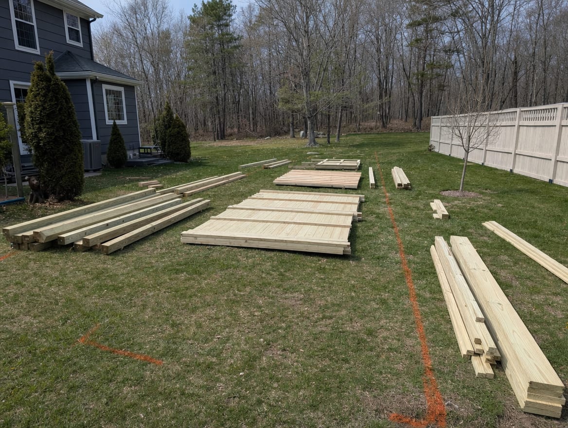 A backyard staged for the fence crew with materials and marked layout lines on the grass